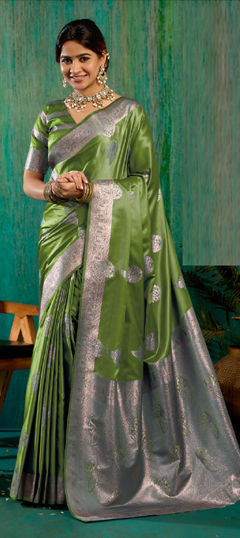 Green color Saree in Satin Silk fabric with Weaving work