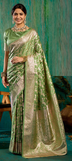 Green color Saree in Satin Silk fabric with Weaving work