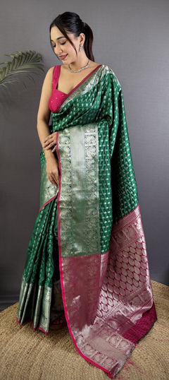 Green color Saree in Banarasi Silk fabric with Weaving work