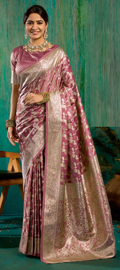 Pink and Majenta color Saree in Satin Silk fabric with Weaving work