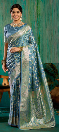 Blue color Saree in Satin Silk fabric with Weaving work