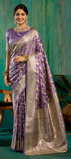 Purple and Violet color Saree in Satin Silk fabric with Weaving work