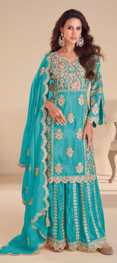 Blue color Salwar Kameez in Shimmer fabric with Embroidered, Resham, Sequence, Thread, Zari work