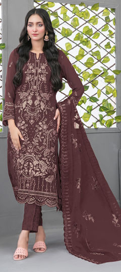 Beige and Brown color Salwar Kameez in Faux Georgette fabric with Embroidered work
