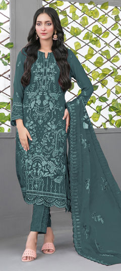 Blue color Salwar Kameez in Faux Georgette fabric with Embroidered work