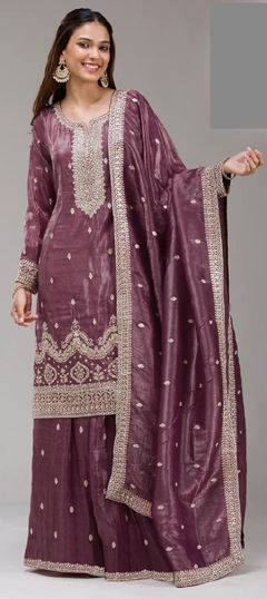 Purple and Violet color Salwar Kameez in Crushed Silk fabric with Embroidered, Sequence work