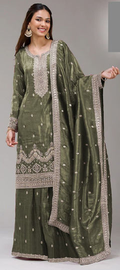 Green color Salwar Kameez in Crushed Silk fabric with Embroidered, Sequence work