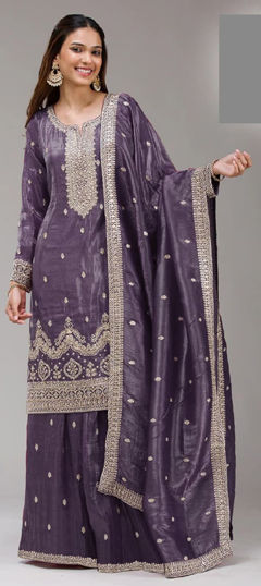 Purple and Violet color Salwar Kameez in Crushed Silk fabric with Embroidered, Sequence work
