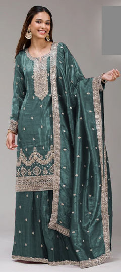 Blue color Salwar Kameez in Crushed Silk fabric with Embroidered, Sequence work