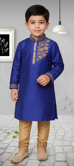 Blue color Boys Kurta Pyjama in Dupion Silk fabric with Embroidered work