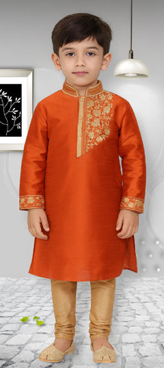 Orange color Boys Kurta Pyjama in Dupion Silk fabric with Embroidered work
