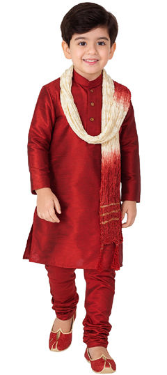 Red and Maroon color Boys Kurta Pyjama in Dupion Silk fabric with Thread work
