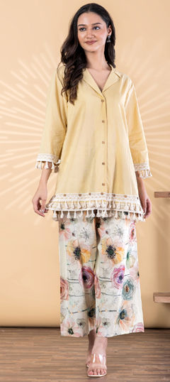 Yellow color Co-ords Set in Poly cotton fabric with Lace work