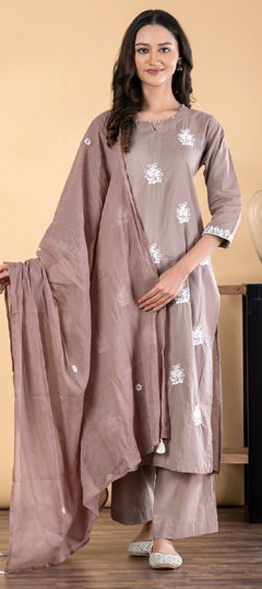 Beige and Brown color Salwar Kameez in Cotton fabric with Embroidered, Resham, Thread work