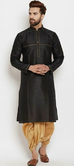 Black and Grey color Dhoti Kurta in Dupion Silk fabric with Embroidered work