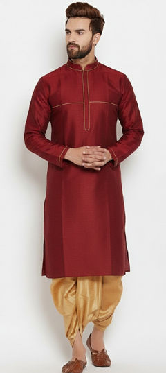 Red and Maroon color Dhoti Kurta in Dupion Silk fabric with Embroidered work