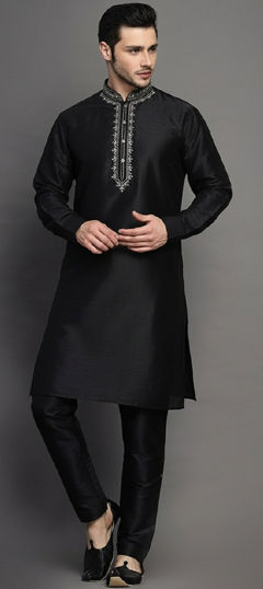Black and Grey color Kurta Pyjamas in Dupion Silk fabric with Embroidered work