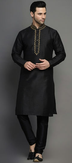 Black and Grey color Kurta Pyjamas in Dupion Silk fabric with Embroidered work
