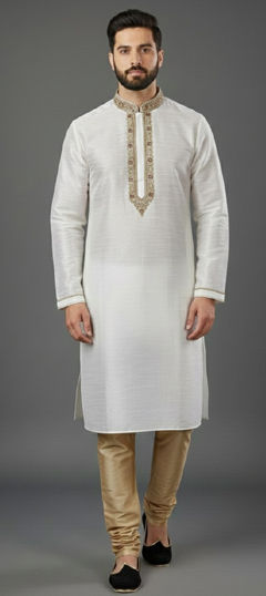 White and Off White color Kurta Pyjamas in Dupion Silk fabric with Embroidered work