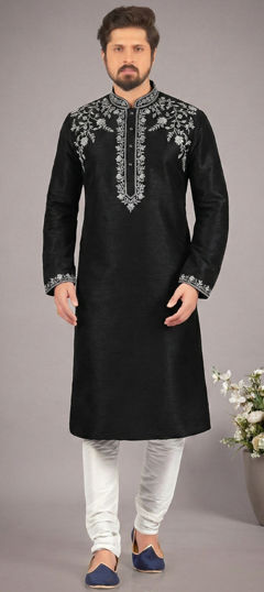 Black and Grey color Kurta Pyjamas in Dupion Silk fabric with Embroidered work