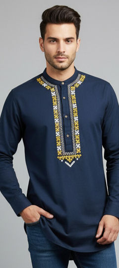 Blue color Kurta in Cotton fabric with Embroidered work