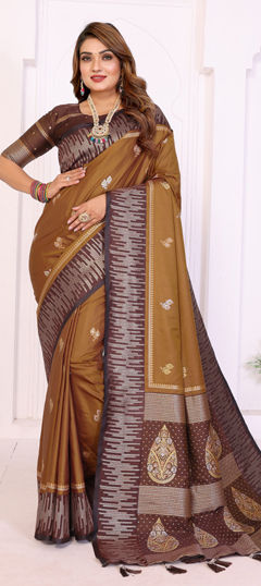Yellow color Saree in Silk fabric with Weaving work
