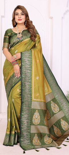 Green color Saree in Silk fabric with Weaving work