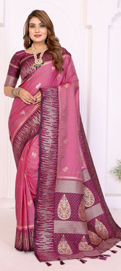 Pink and Majenta color Saree in Silk fabric with Weaving work