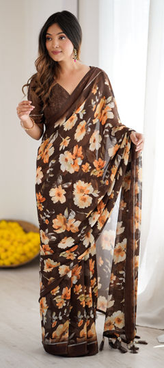 Beige and Brown color Saree in Satin Silk fabric with Floral, Printed work