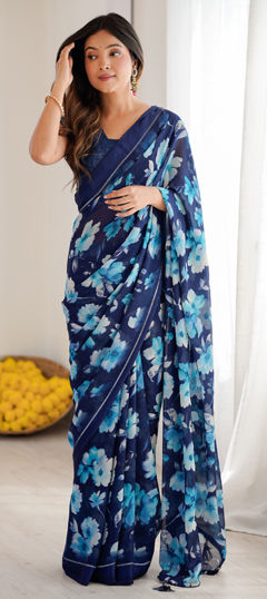 Blue color Saree in Satin Silk fabric with Floral, Printed work