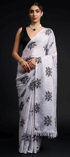 White and Off White color Readymade Saree in Chinon Silk fabric with Digital Print work