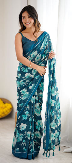 Blue color Saree in Satin Silk fabric with Floral, Printed work