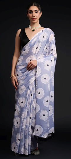 Blue color Readymade Saree in Chinon Silk fabric with Digital Print work