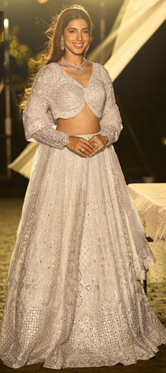 Beige and Brown color Ready to Wear Lehenga in Net fabric with Bugle Beads, Embroidered, Mirror, Moti, Stone, Swarovski work