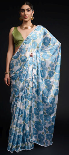 Blue color Readymade Saree in Chinon Silk fabric with Digital Print work