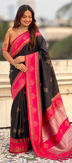 Black and Grey color Saree in Silk fabric with Weaving work