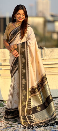 Beige and Brown color Saree in Silk fabric with Weaving work
