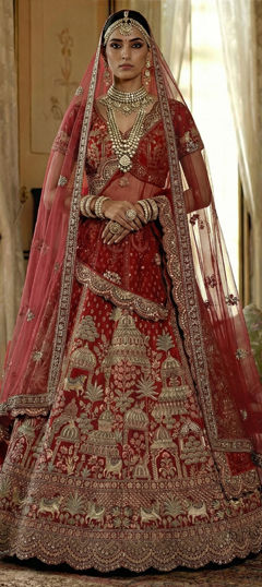 Red and Maroon color Lehenga in Silk fabric with Embroidered, Resham, Sequence, Stone, Thread, Zari work