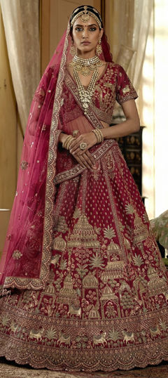 Red and Maroon color Lehenga in Silk fabric with Embroidered, Resham, Sequence, Stone, Thread, Zari work