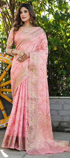 Pink and Majenta color Saree in Organza Silk fabric with Weaving work