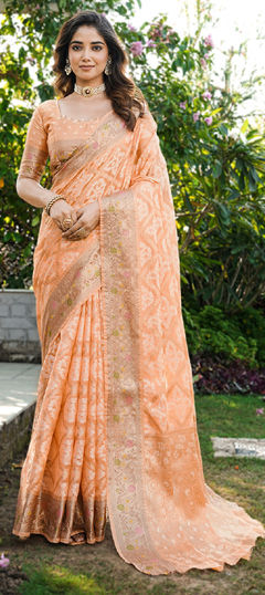 Orange color Saree in Organza Silk fabric with Weaving work