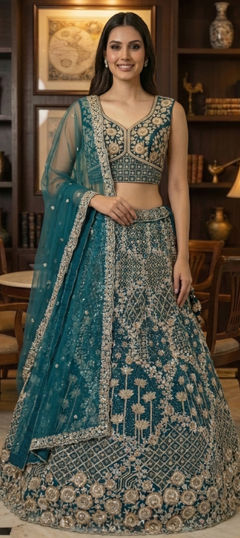 Blue color Lehenga in Net fabric with Embroidered, Sequence, Thread, Zari work