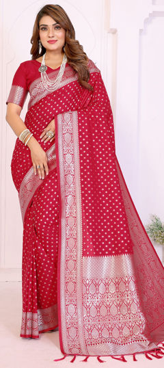 Red and Maroon color Saree in Georgette fabric with Weaving, Zari work