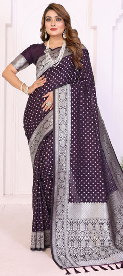 Purple and Violet color Saree in Georgette fabric with Weaving, Zari work
