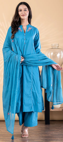 Blue color Salwar Kameez in Cotton fabric with Embroidered, Resham, Thread work