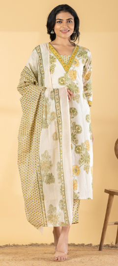 Beige and Brown, Green color Salwar Kameez in Cotton fabric with Floral, Printed, Sequence work