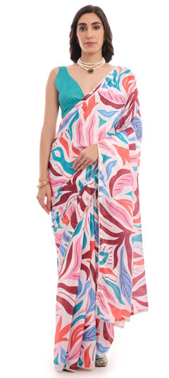 Multicolor color Readymade Saree in Chinon Silk fabric with Digital Print, Lace work