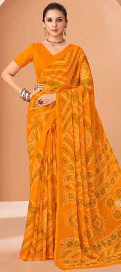 Yellow color Saree in Faux Chiffon fabric with Bandhej, Printed work