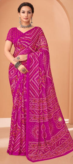 Pink and Majenta color Saree in Faux Chiffon fabric with Bandhej, Printed work