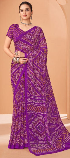 Purple and Violet color Saree in Faux Chiffon fabric with Bandhej, Printed work
